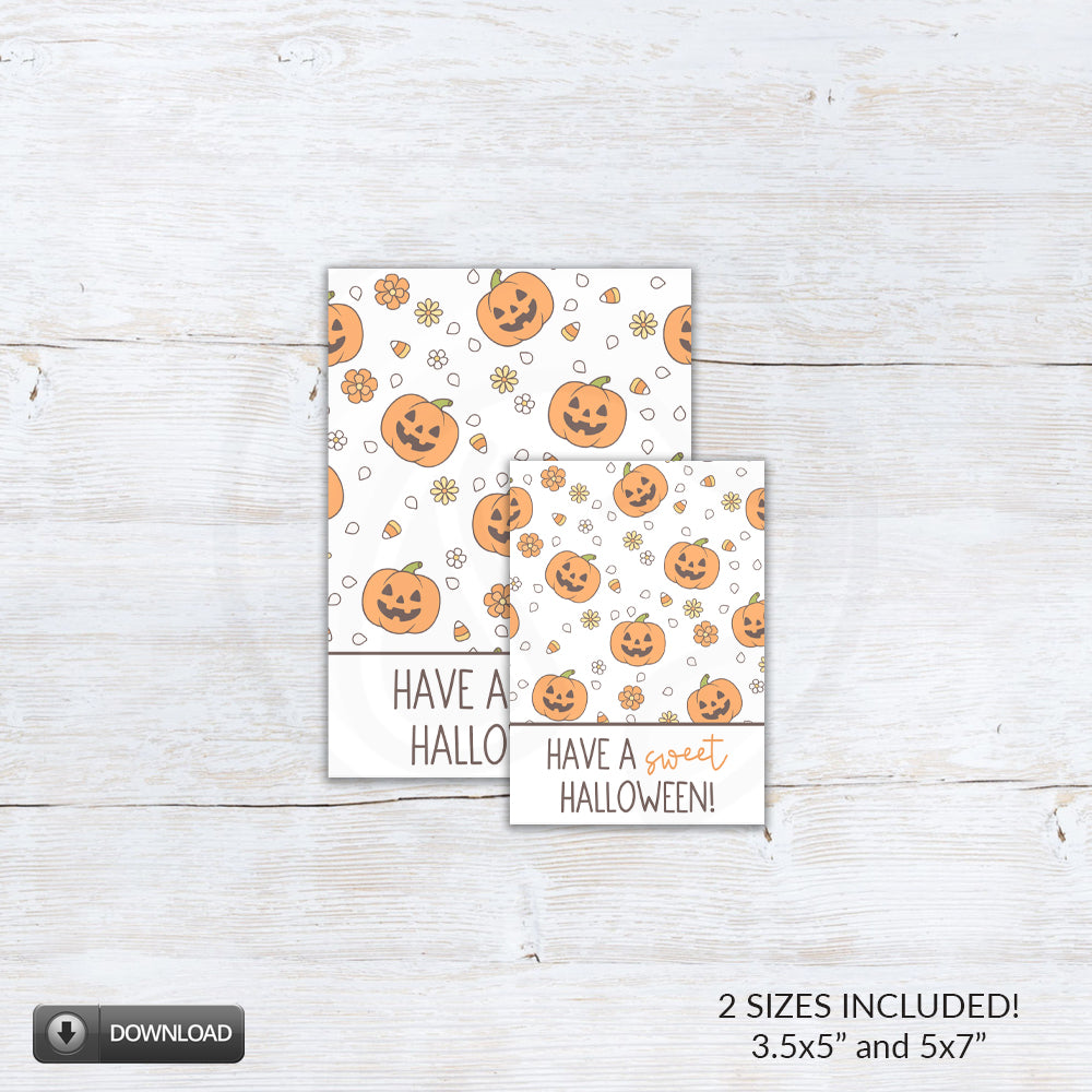 Sweet Halloween pumpkin cookie backer with smiling jack-o'-lanterns, candy corn, and daisies for cookies, treats, party favors, and boo baskets.
