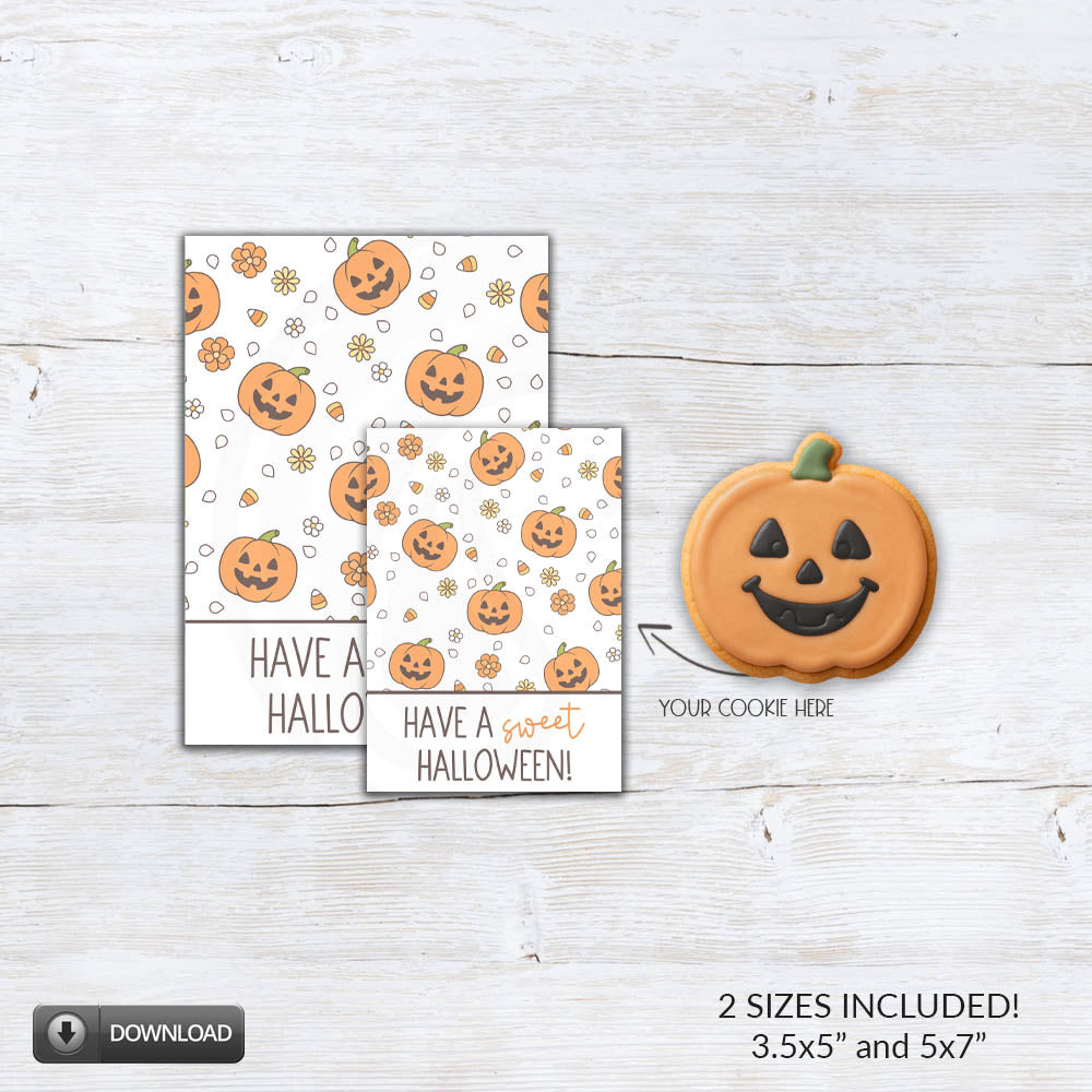 Sweet Halloween pumpkin cookie backer with smiling jack-o'-lanterns, candy corn, and daisies for cookies, treats, party favors, and boo baskets.