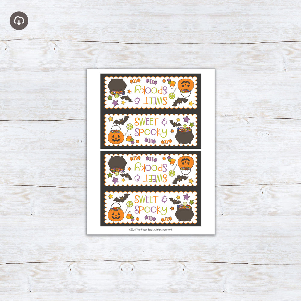 Sweet & Spooky printable Halloween bag topper with a jack-o’-lantern candy bucket, a bat, candy illustrations, colorful lettering, and a black border.