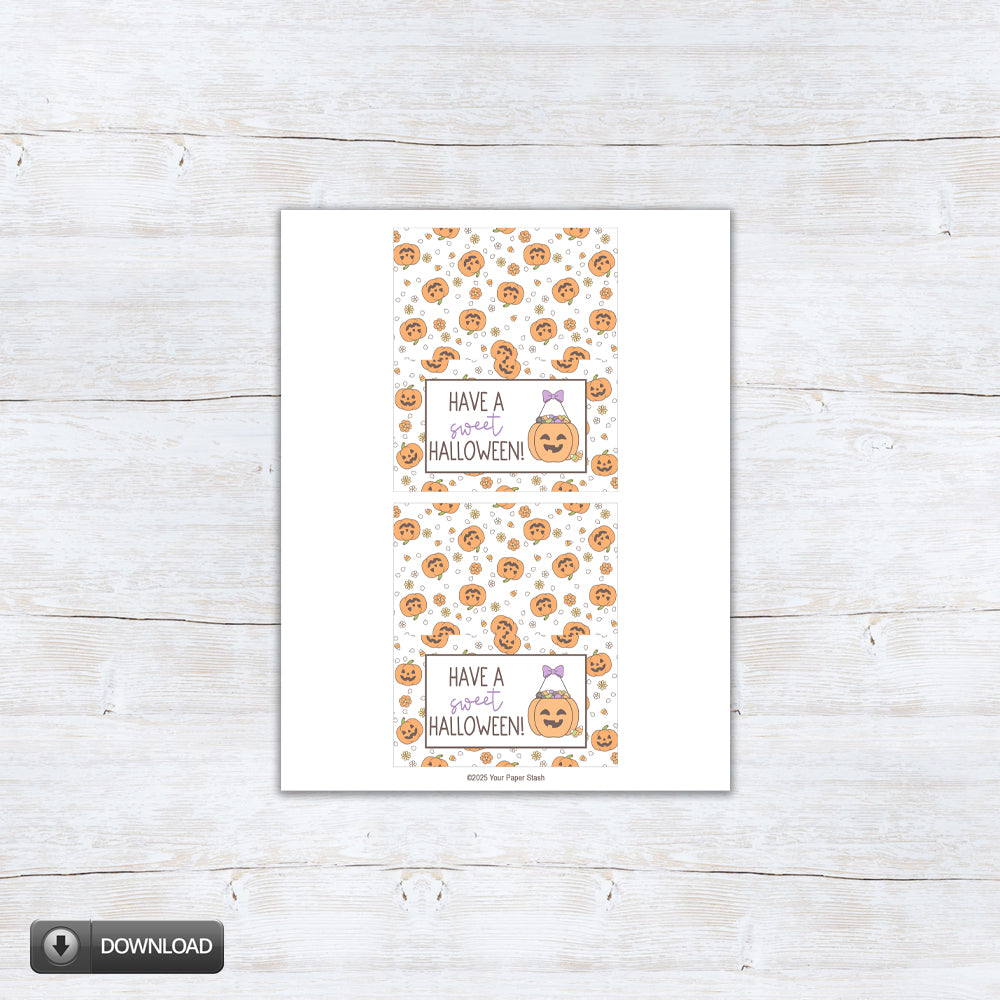 Cute pumpkin and candy corn Halloween printable treat bag toppers in two sizes.
