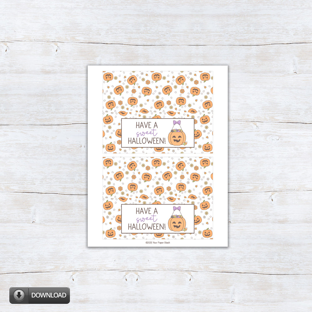 Cute pumpkin and candy corn Halloween printable treat bag toppers in two sizes.