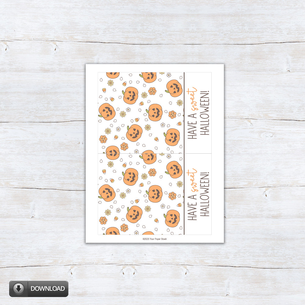 Sweet Halloween pumpkin cookie backer with smiling jack-o'-lanterns, candy corn, and daisies for cookies, treats, party favors, and boo baskets.