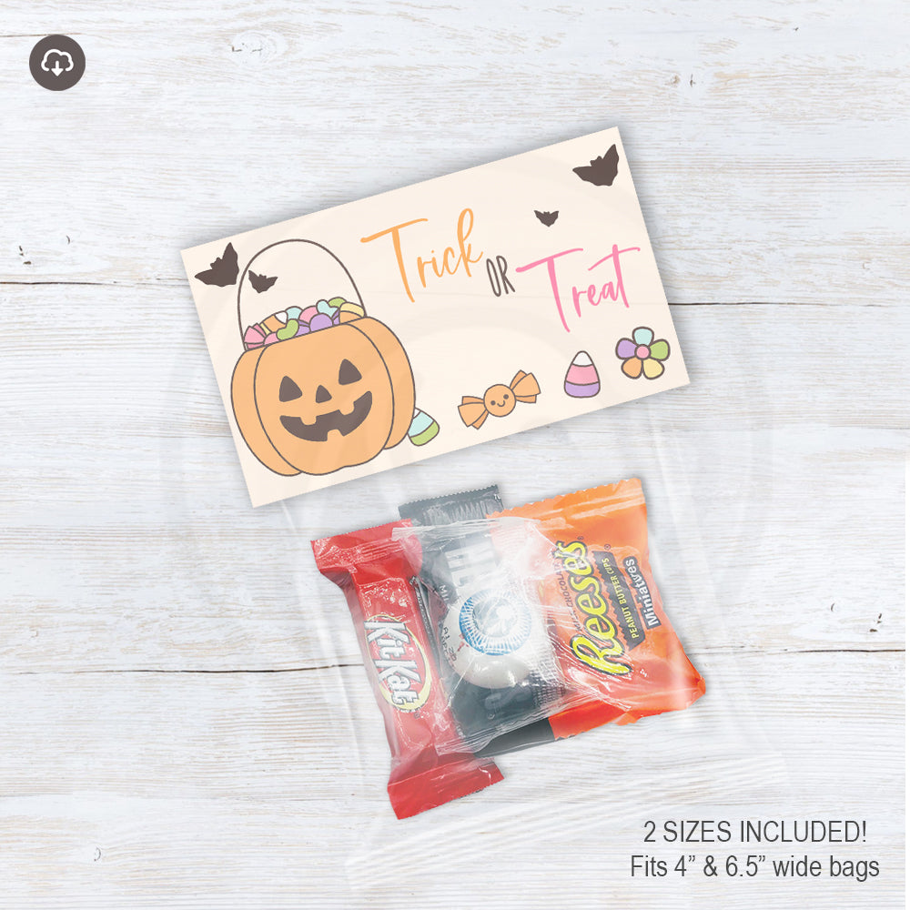 Pastel Halloween treat bag toppers with a smiling pumpkin candy basket, flying bats, colorful candy, flowers, and Trick or Treat lettering.
