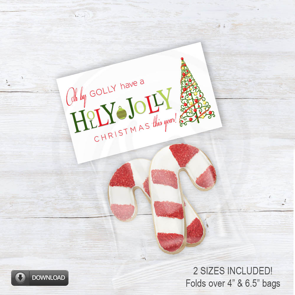 printable holly jolly Christmas treat cookie or candy bag toppers in 2 sizes - download