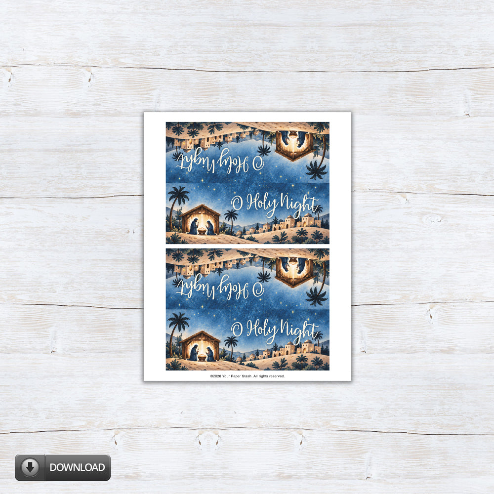 O Holy Night printable treat bag topper featuring baby Jesus in a nativity scene beneath a starry blue sky for Christian Christmas cookie and candy gifts.
