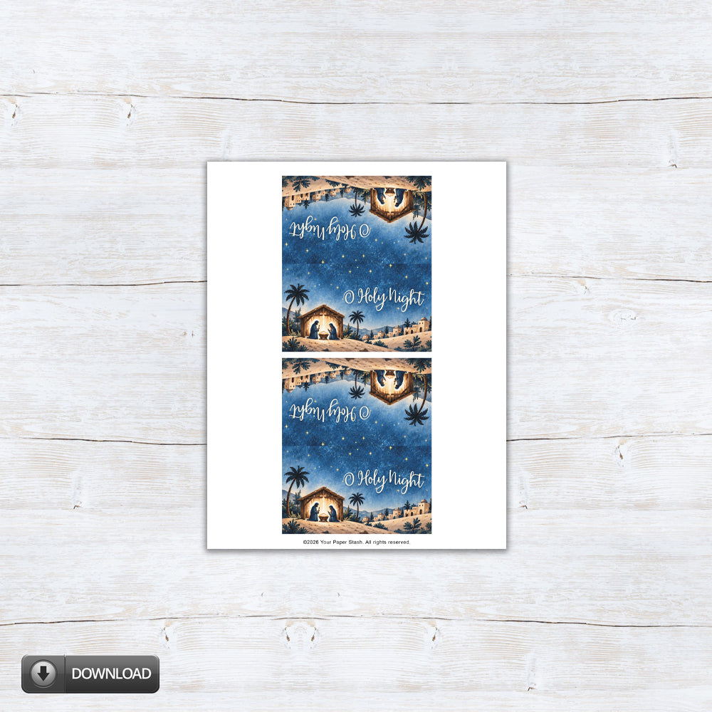 O Holy Night printable treat bag topper featuring baby Jesus in a nativity scene beneath a starry blue sky for Christian Christmas cookie and candy gifts.