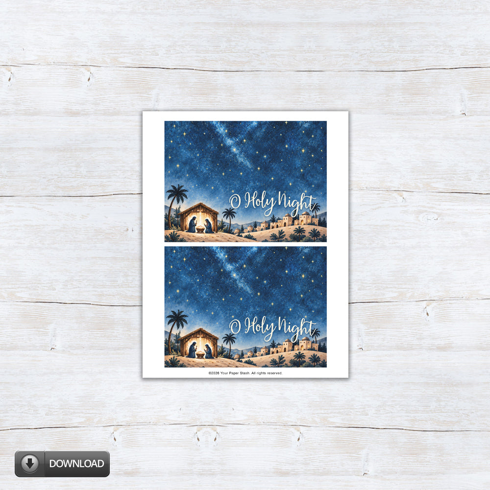 O Holy Night printable treat bag topper featuring baby Jesus in a nativity scene beneath a starry blue sky for Christian Christmas cookie and candy gifts.
