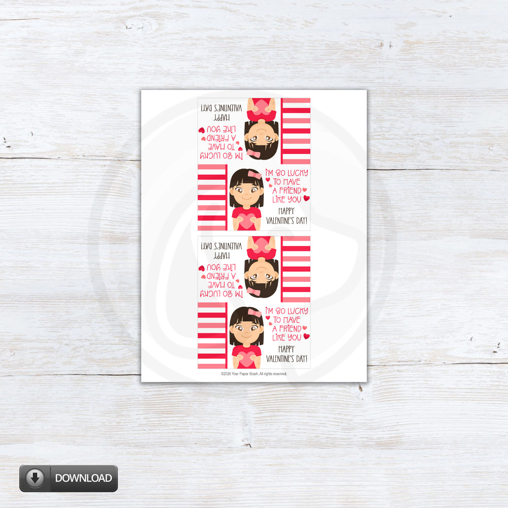 Valentine's Day card with cartoon character and text on a white background