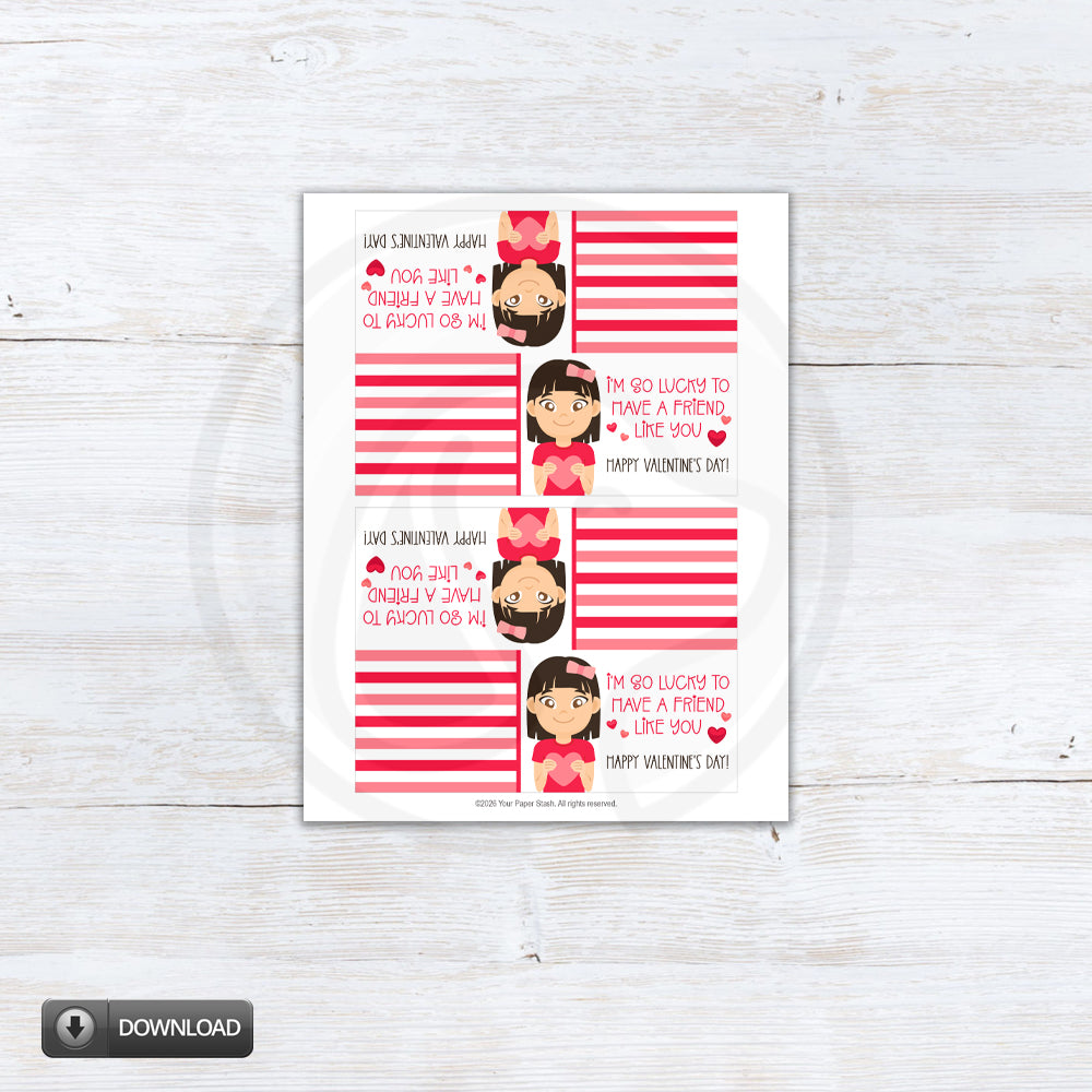 Valentine's Day card with cartoon characters and text on a white background