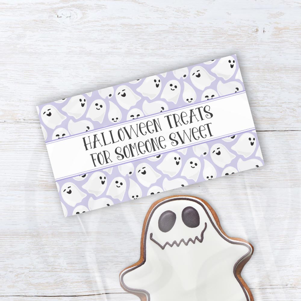Printable lavender Halloween treat bag topper featuring friendly ghosts and the phrase “Halloween Treats for Someone Sweet.”