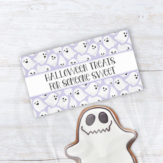 Printable lavender Halloween treat bag topper featuring friendly ghosts and the phrase “Halloween Treats for Someone Sweet.”