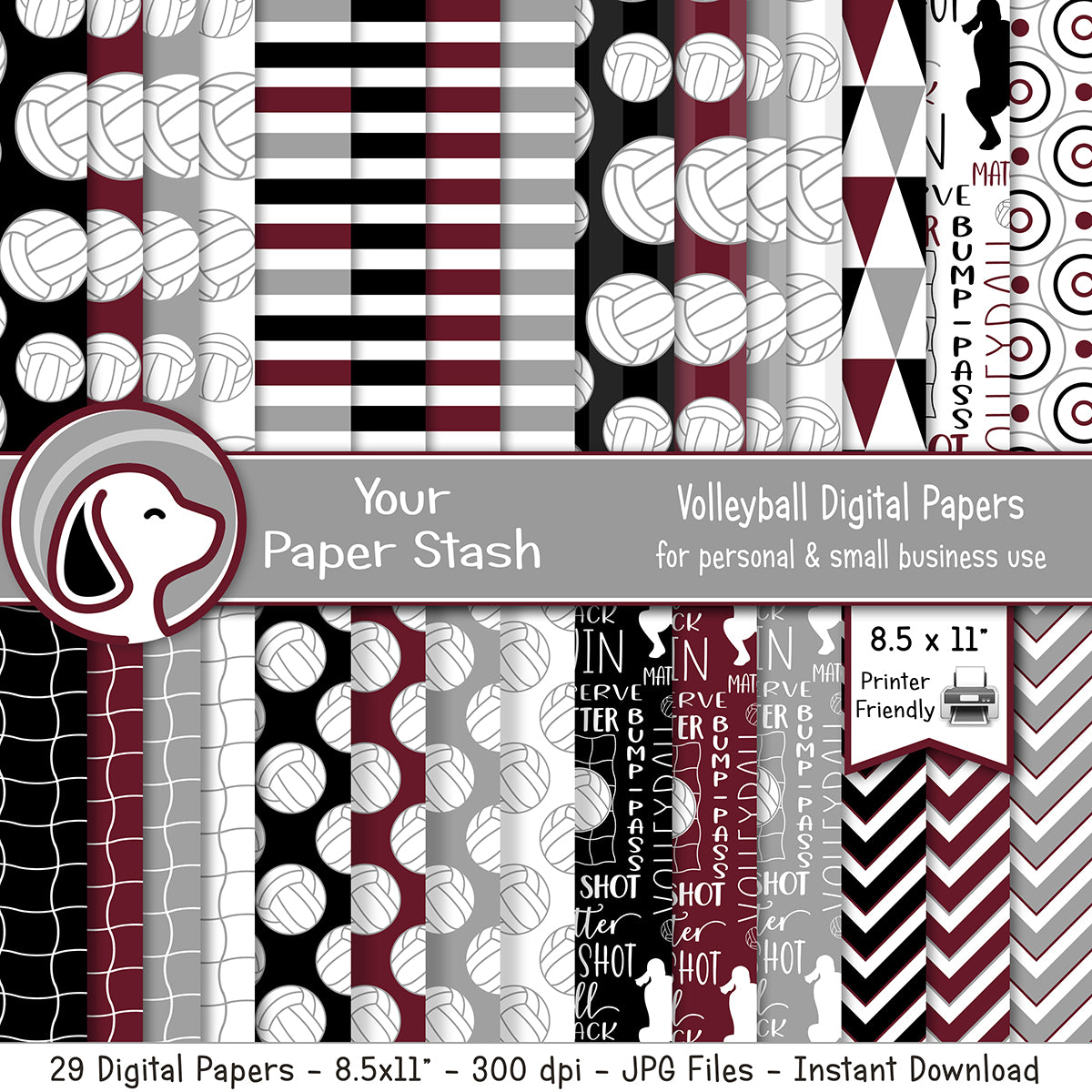 Maroon, Black, and Gray Volleyball Digital Paper Pack