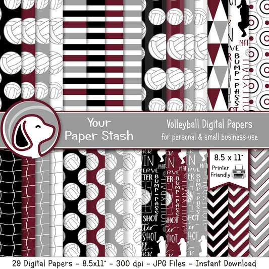 Maroon, Black, and Gray Volleyball Digital Paper Pack