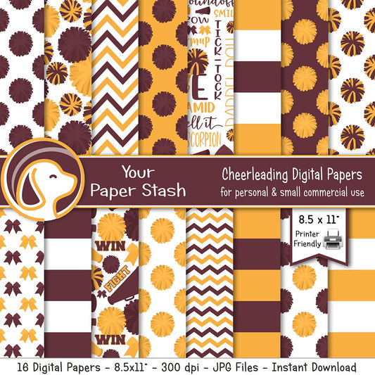 Printable Maroon and Gold Cheerleader Digital Papers and Backgrounds