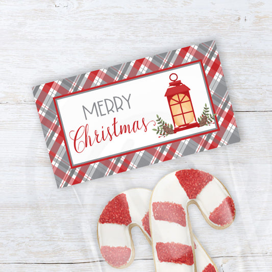 merry Christmas plaid farmhouse style treat bag toppers with lantern