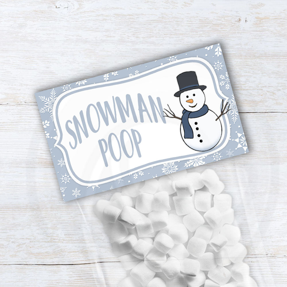 printable snowman poop poem bag toppers, Christmas and winter party favor bag toppers