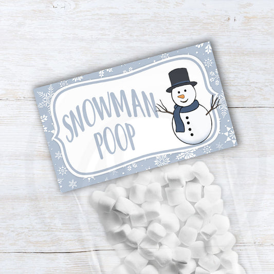 printable snowman poop poem bag toppers, Christmas and winter party favor bag toppers