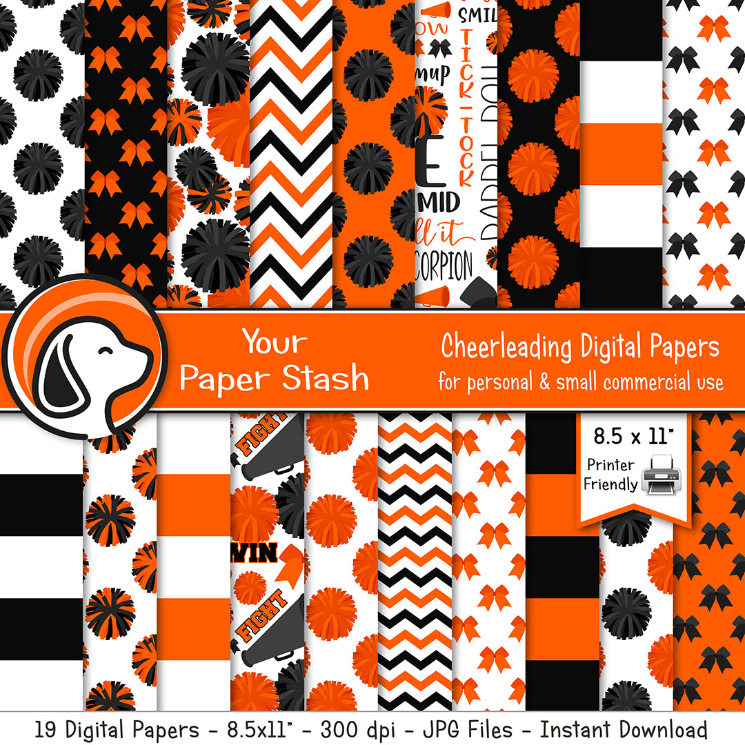 printable orange black cheerleader digital paper