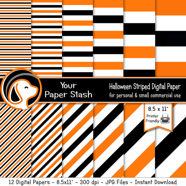 printable halloween orange black stripe digital paper, halloween craft paper instant download