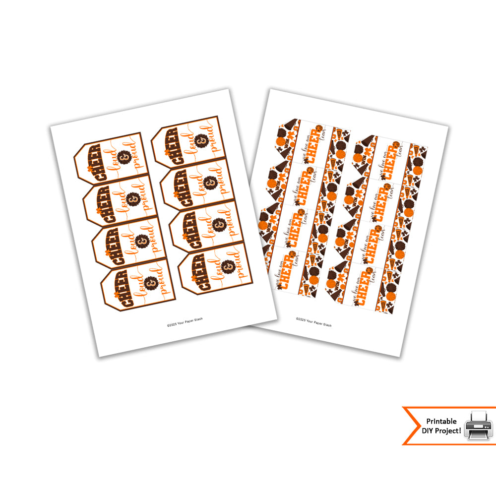 orange and brown cheerleader gift tags