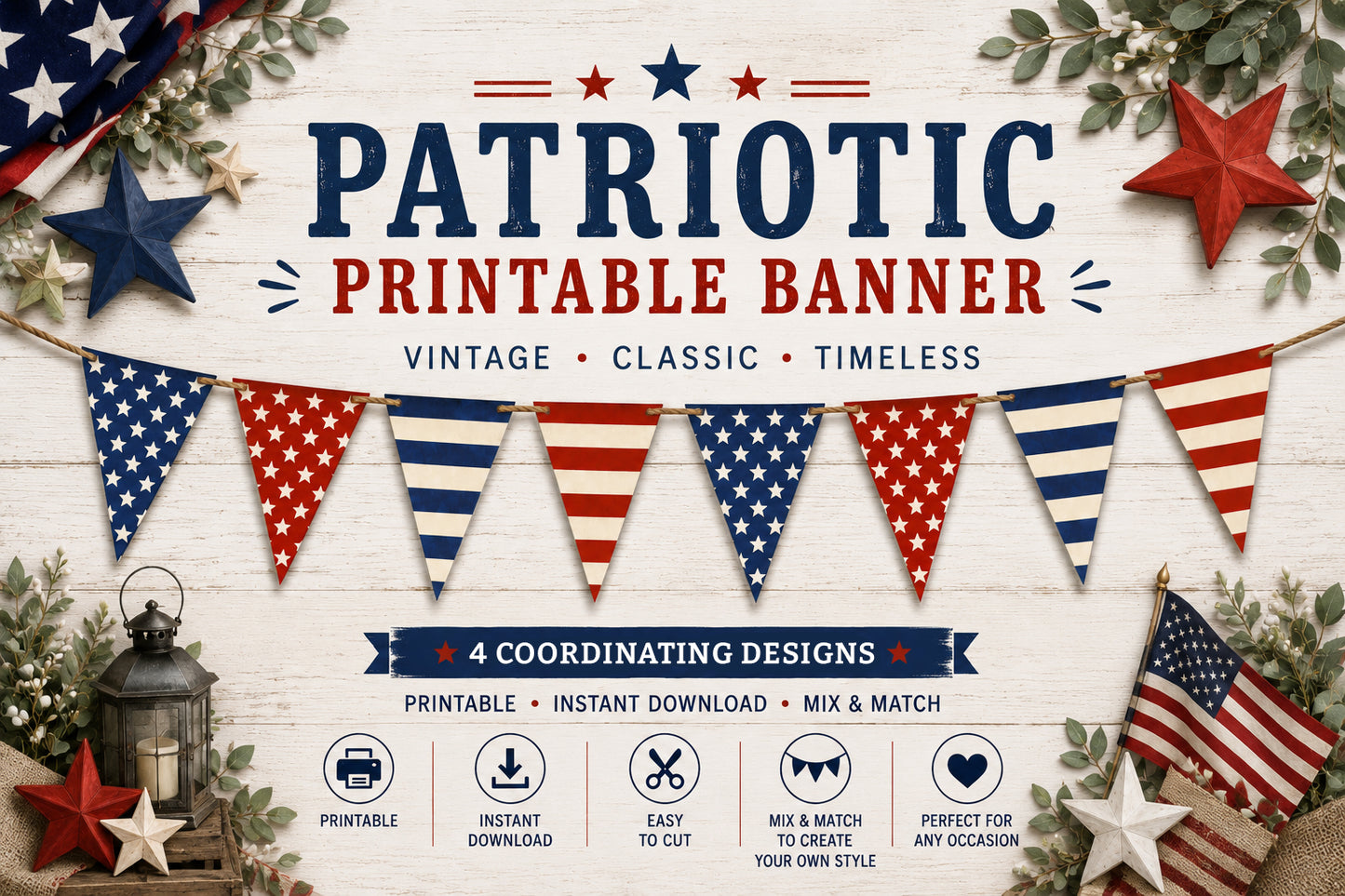 Printable patriotic 5x7 pennant banner set with 8 coordinating red, white, and blue stars and stripes designs for Fourth of July, America 250, classroom, and party decor.