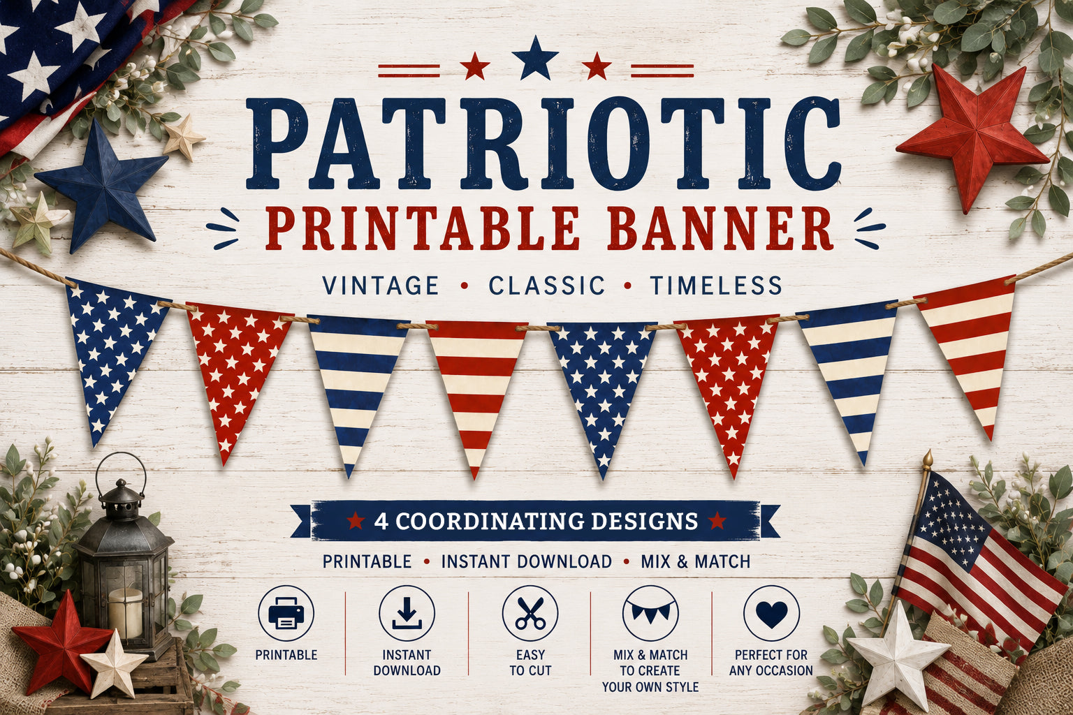 Printable patriotic 5x7 pennant banner set with 8 coordinating red, white, and blue stars and stripes designs for Fourth of July, America 250, classroom, and party decor.