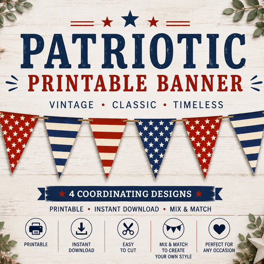 Printable patriotic 5x7 pennant banner set with 8 coordinating red, white, and blue stars and stripes designs for Fourth of July, America 250, classroom, and party decor.