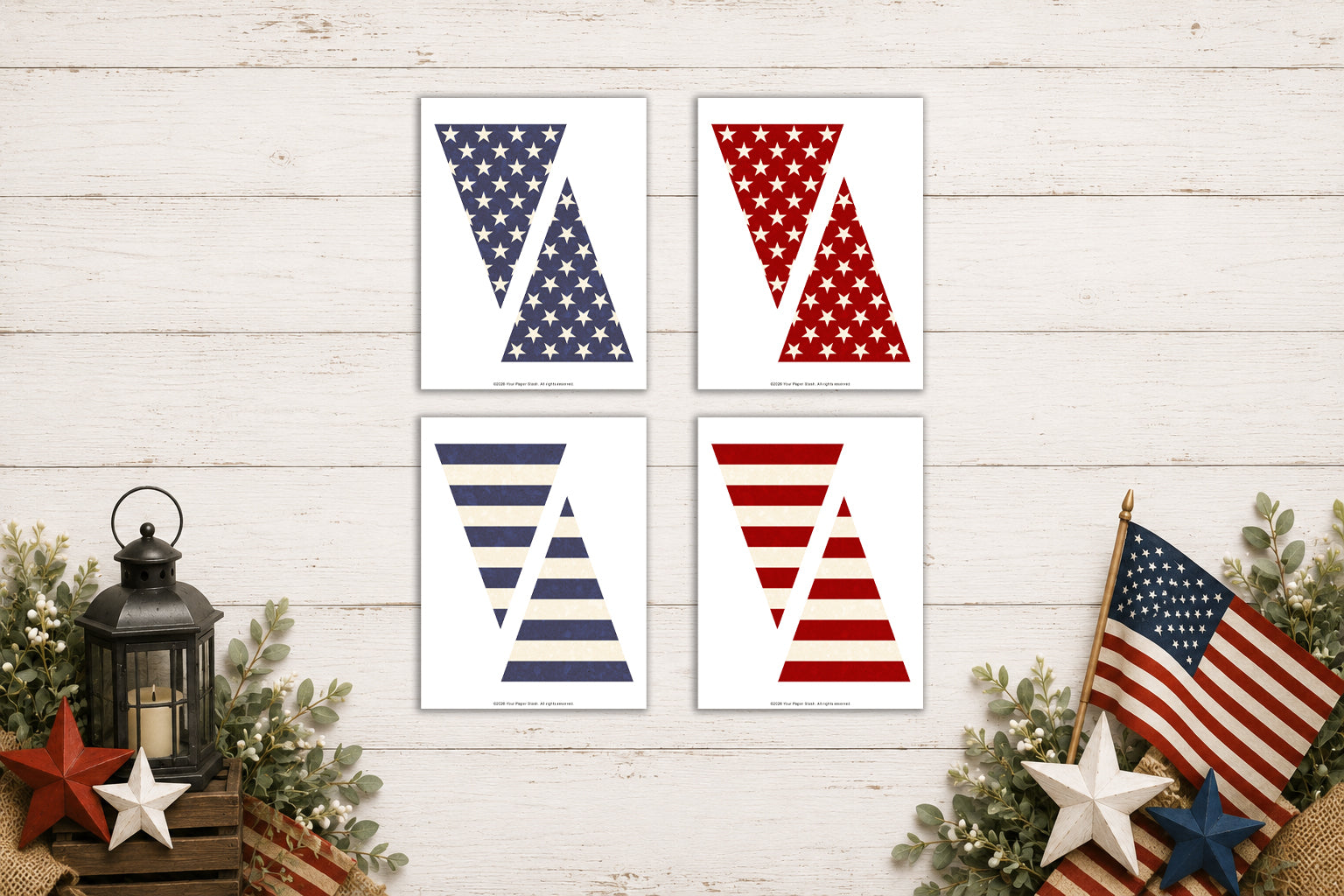 Printable patriotic 5x7 pennant banner set with 8 coordinating red, white, and blue stars and stripes designs for Fourth of July, America 250, classroom, and party decor.