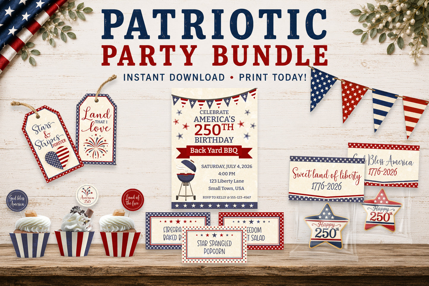 Patriotic Party Bundle Printable - America 250 Party Decorations