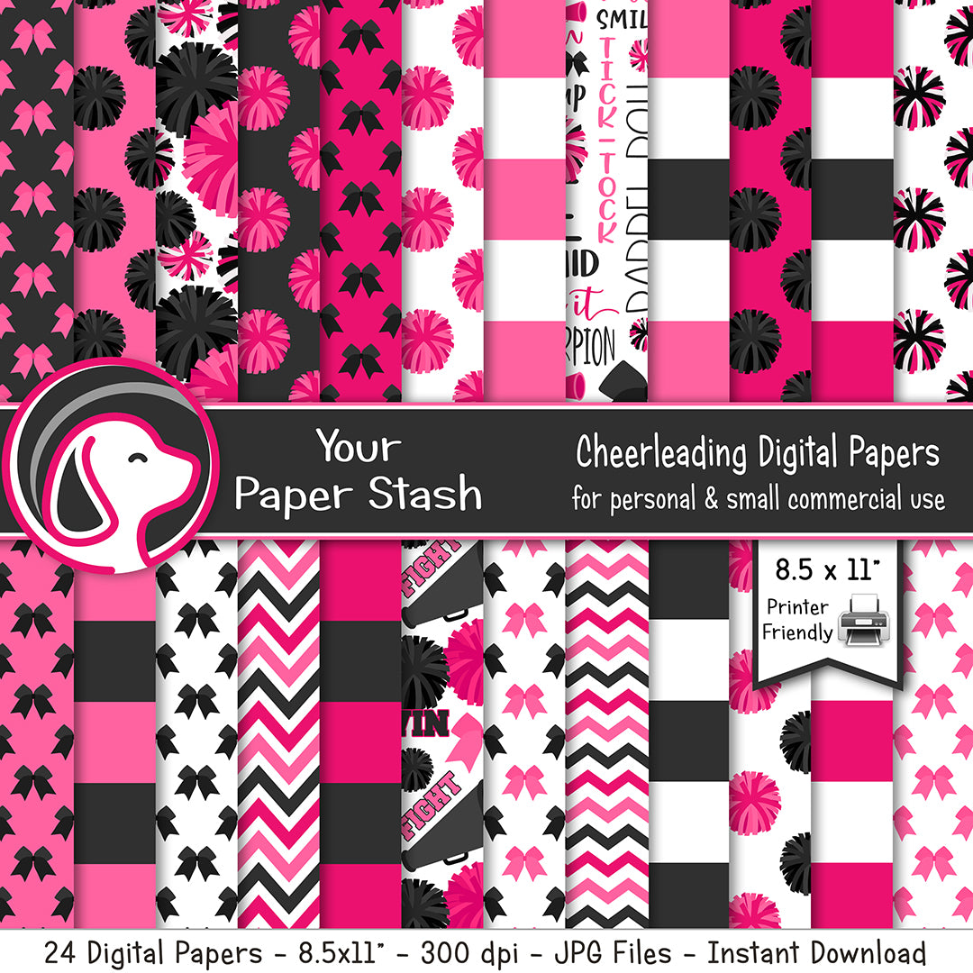 printable pink cheer cheerleader digital scrapbook paper, pompom squad printable paper patterns