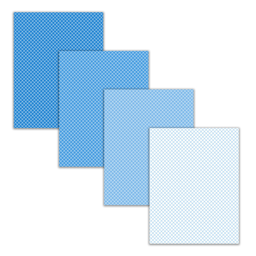 Set of four blue and white checkered sheets on a white background