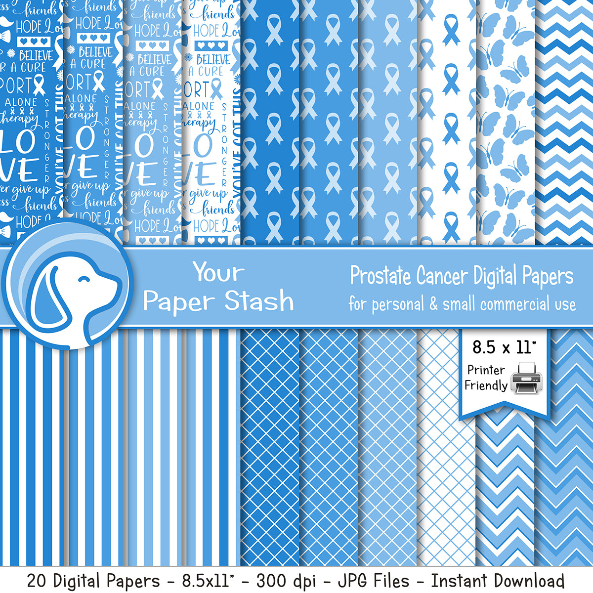 Blue ribbon prostate cancer awareness digital paper backgrounds with inspirational words and pattern designs