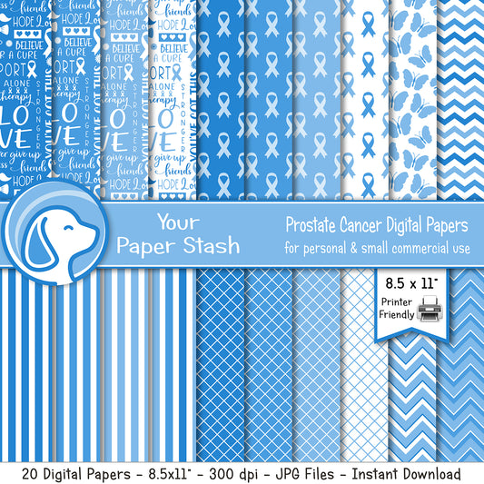 Blue ribbon prostate cancer awareness digital paper backgrounds with inspirational words and pattern designs