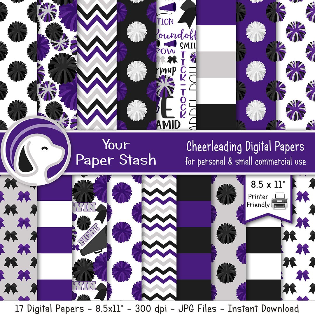 Printable purple and black cheerleading digital papers with pom-pom megaphone cheer bow stripe and chevron patterns - 8.5x11 JPG files, instant download