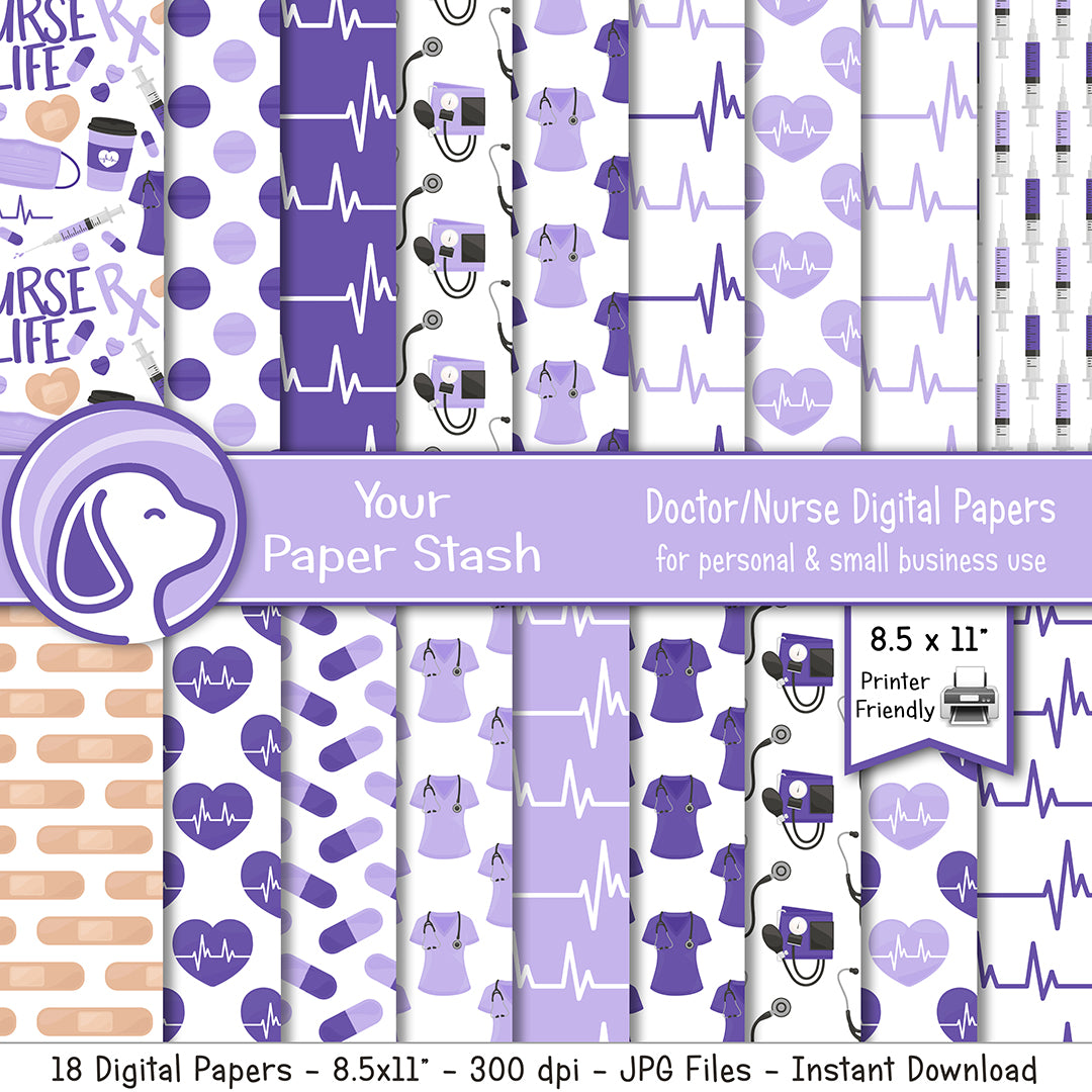 printable nurse digital papers, purple scrub life scrapbook paper, 8.5x11 nurse medical doctor digital scrapbook paper