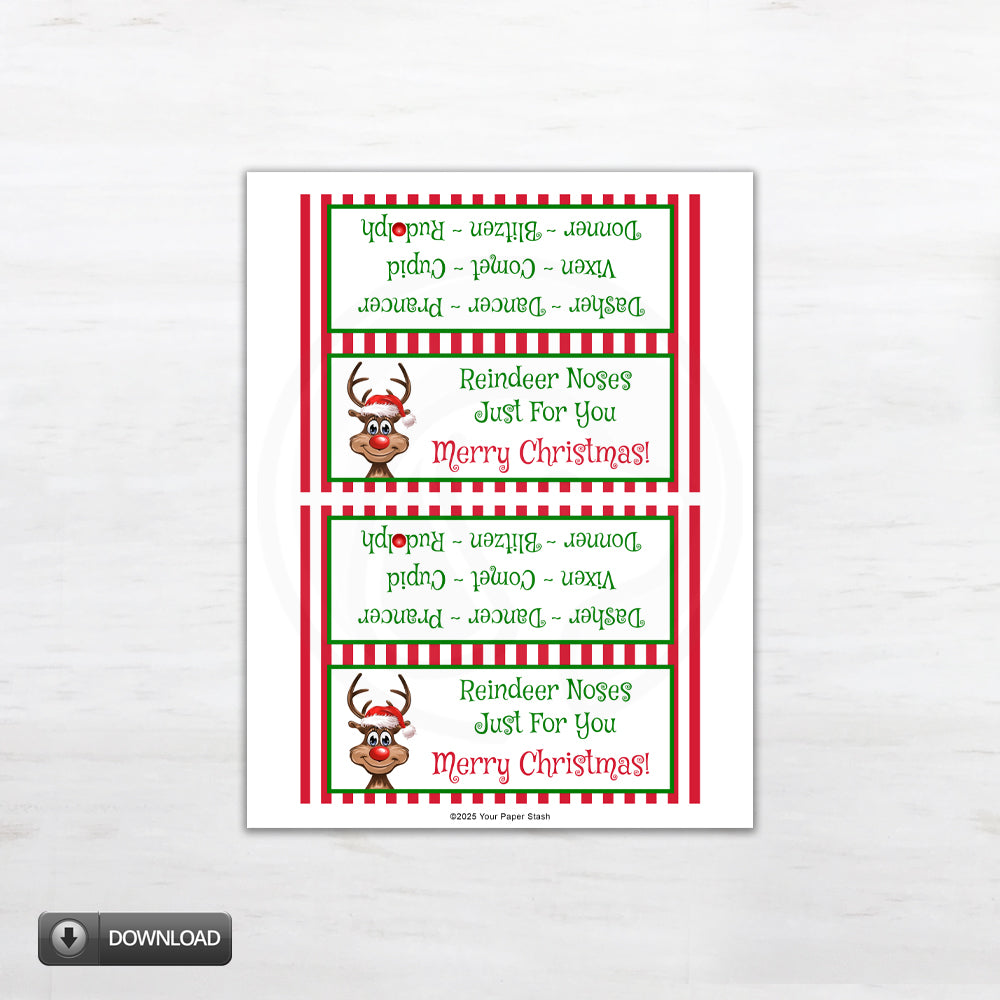 printable reindeer noses cookie and candy bag toppers