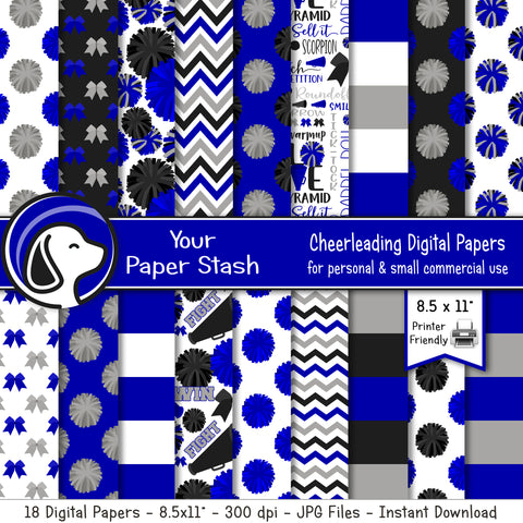 printable royal blue gray cheerleading cheerleader cheer team digital papers, pom-pom paper background patterns