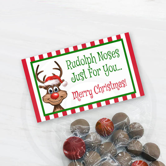 printable Rudolph noses treat bag toppers for Christmas parties and stocking stuffers