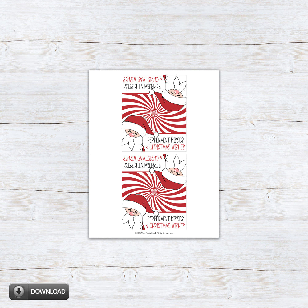 Santa-themed Christmas treat bag topper with red and white peppermint swirl design and the phrase “Peppermint Kisses & Christmas Wishes,” printable holiday favor topper.