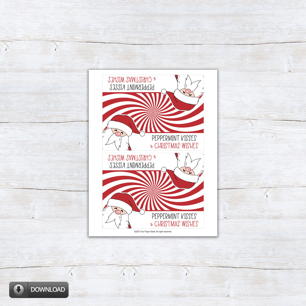 Santa-themed Christmas treat bag topper with red and white peppermint swirl design and the phrase “Peppermint Kisses & Christmas Wishes,” printable holiday favor topper.
