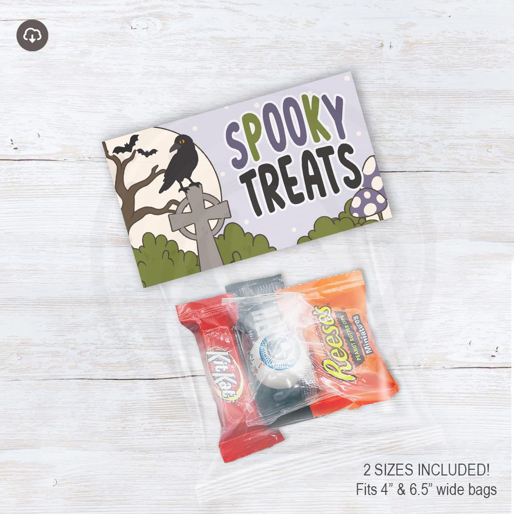 Spooky Treats printable Halloween bag topper with a raven, bats, moon, gravestone, mushrooms, and purple and green accents.