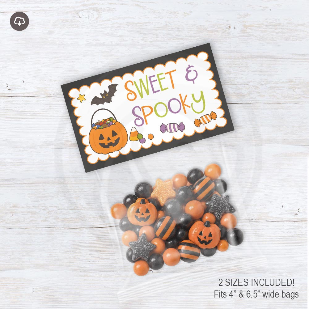 Sweet & Spooky printable Halloween bag topper with a jack-o’-lantern candy bucket, a bat, candy illustrations, colorful lettering, and a black border.