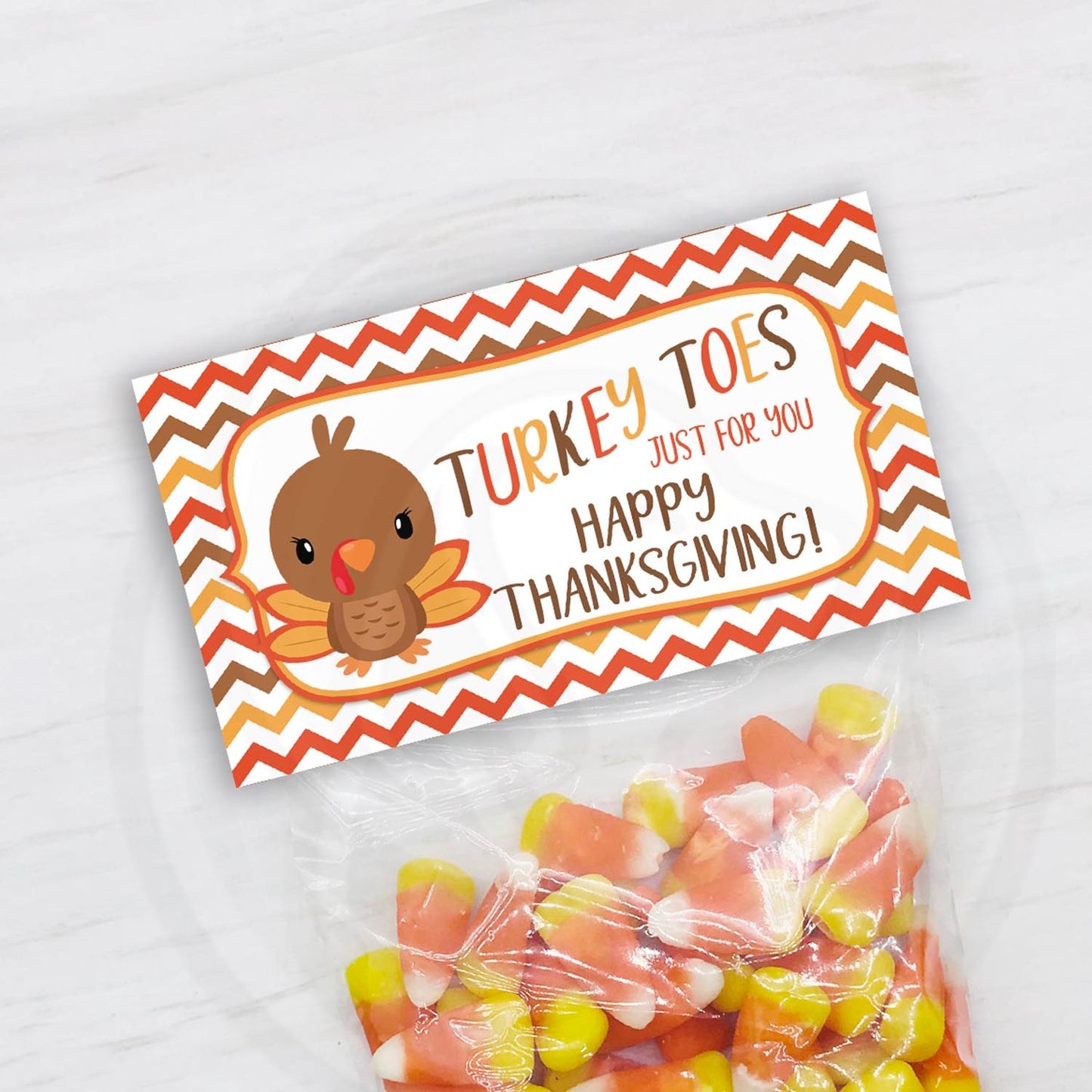 printable turkey toes treat bag toppers with cute turkey illustration on a chevron background - download