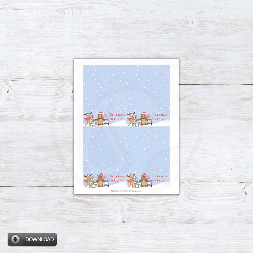 Printable “’Tis the Season to Be Jolly” cookie card featuring cute woodland animals — reindeer, bear, penguin, and raccoon — on a snowy blue background; two sizes included (3.5x5 and 5x7).