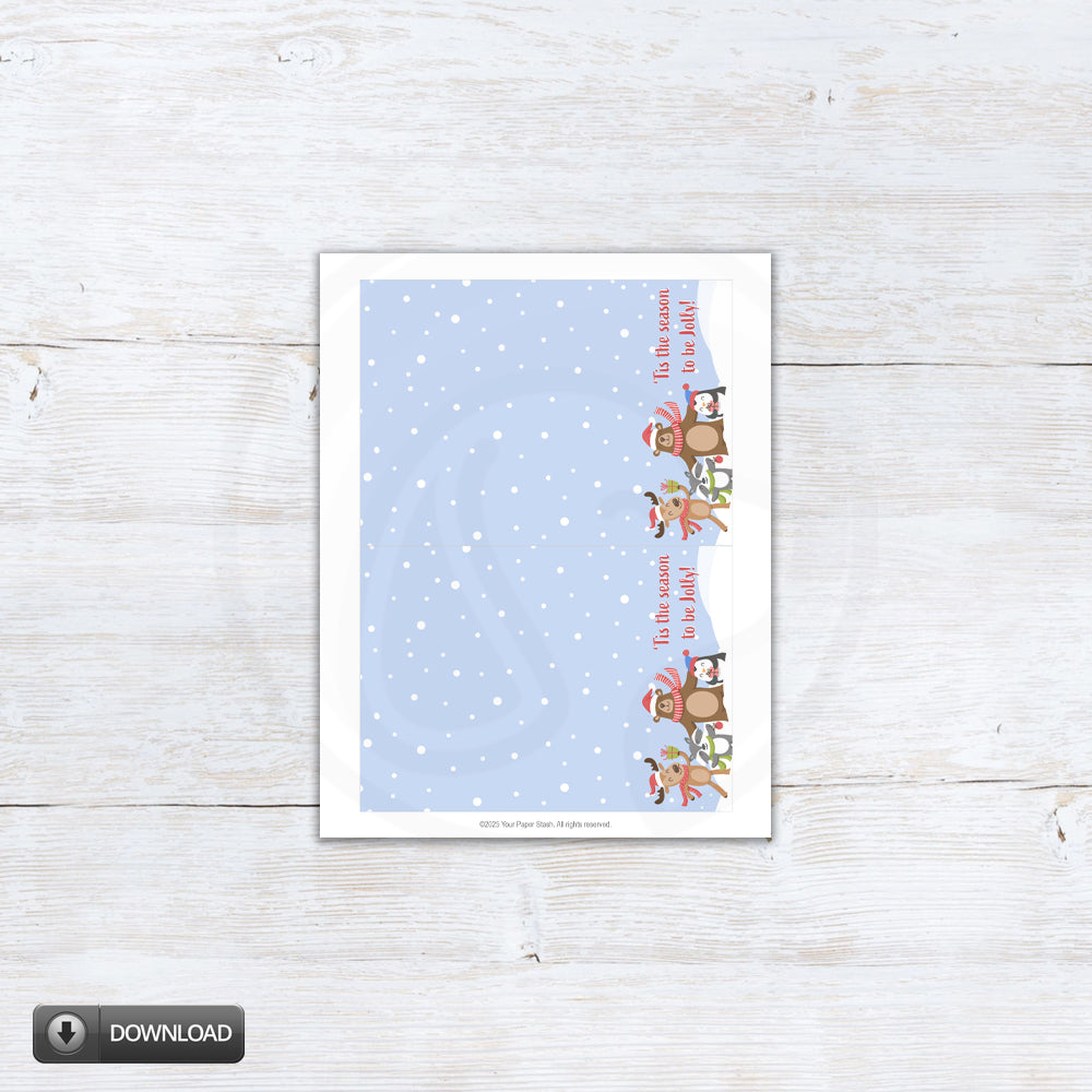 Printable “’Tis the Season to Be Jolly” cookie card featuring cute woodland animals — reindeer, bear, penguin, and raccoon — on a snowy blue background; two sizes included (3.5x5 and 5x7).