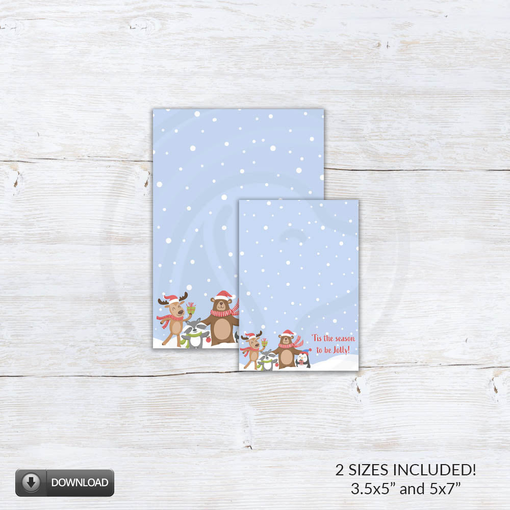 Printable “’Tis the Season to Be Jolly” cookie card featuring cute woodland animals — reindeer, bear, penguin, and raccoon — on a snowy blue background; two sizes included (3.5x5 and 5x7).