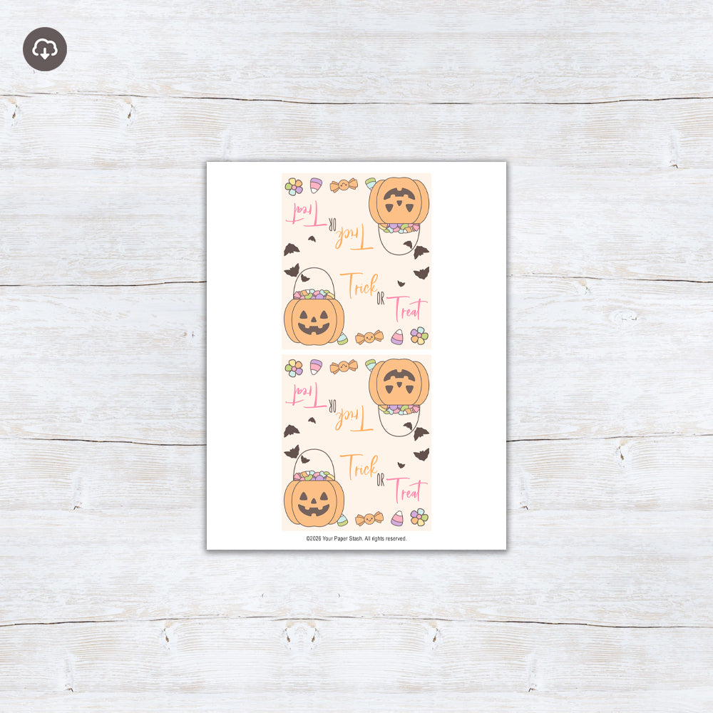 Pastel Halloween treat bag toppers with a smiling pumpkin candy basket, flying bats, colorful candy, flowers, and Trick or Treat lettering.