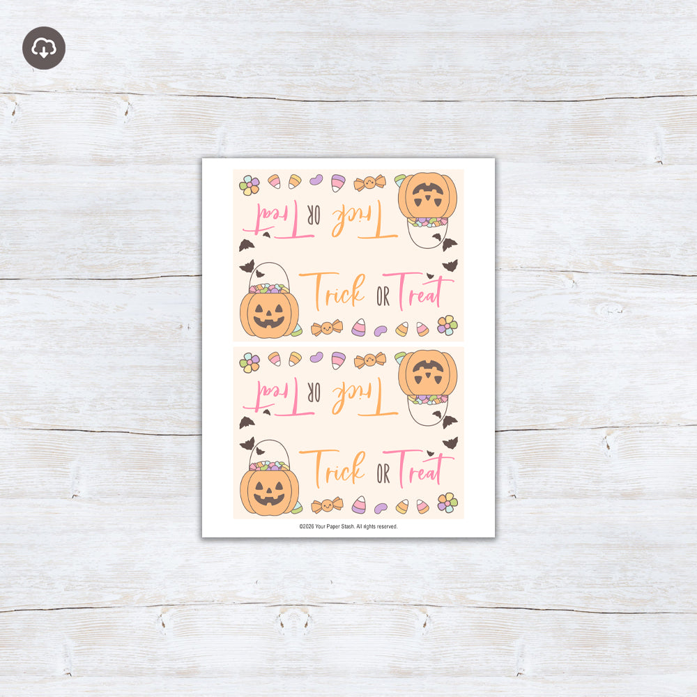 Pastel Halloween treat bag toppers with a smiling pumpkin candy basket, flying bats, colorful candy, flowers, and Trick or Treat lettering.