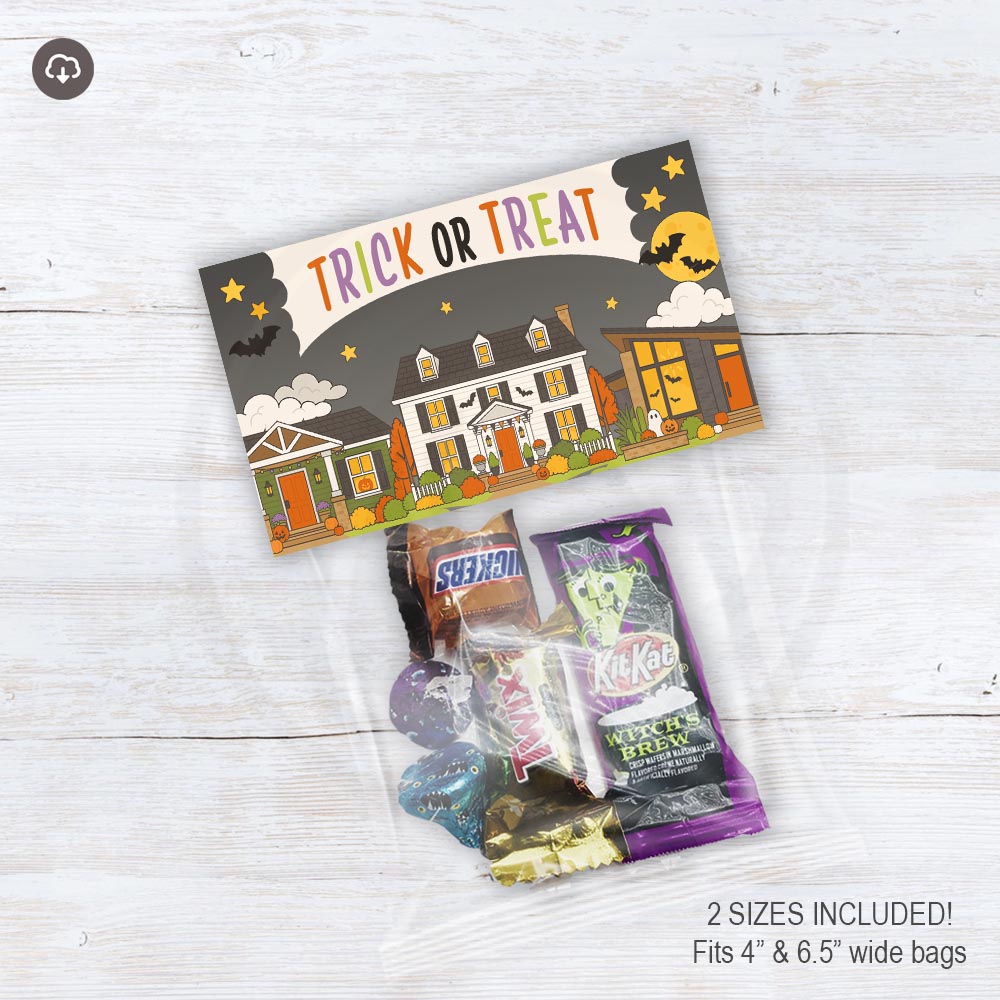 Printable Trick or Treat Halloween treat bag toppers featuring decorated neighborhood houses, bats, pumpkins and moons with an optional From area.