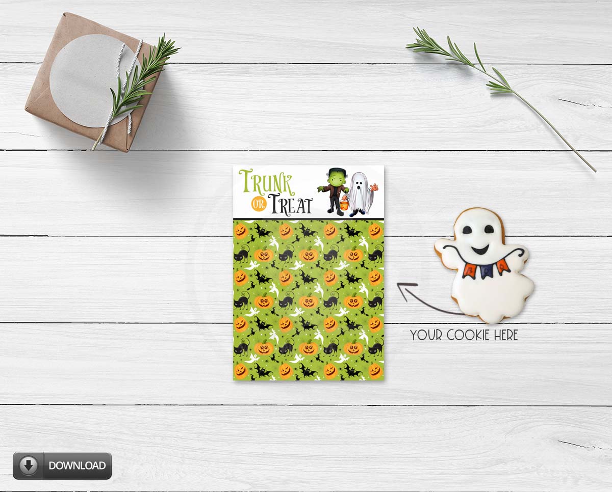 Printable 3.5x5 Trunk or Treat mini cookie card with a friendly monster, ghost, and lime green Halloween pattern featuring pumpkins, black cats, bats, and ghosts.